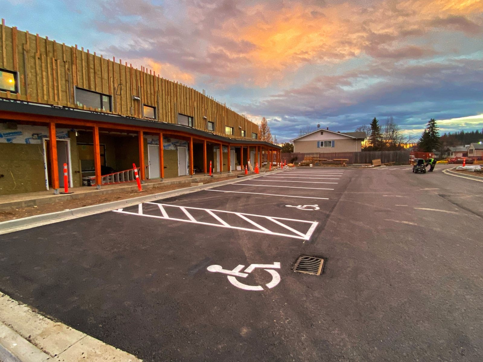 Freshly striped parking lot at sunset in northern BC